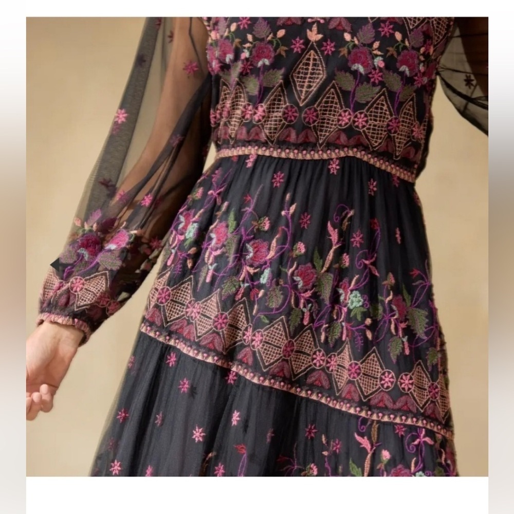 Sundance Soiree In Vienna Dress Black Sheer Embroidered Floral Maxi Boho Size PS - Picture 4 of 11